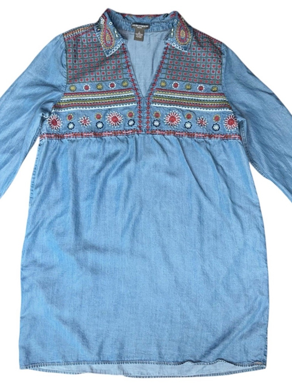 Chelsea and Theodore Denim Embroidered Tunic Pocket Dress Long Sleeves Sz LARGE